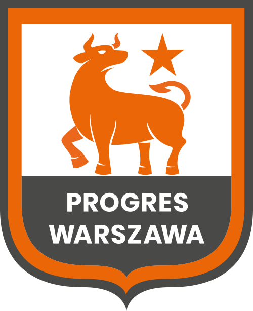 logo klubu, brązowy byk na białym tle, poniżej napis Progres Warszawa 