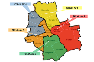 Mapa Warszawy z podziałem na Powiatowe Komisje Lekarskie