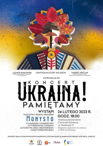 plakat zapraszający na koncert upamiętniający rocznicę wybuchu wojny na Ukrainie; informacje zawarte na plakacie znajdują się w treści artykułu zamieszczonego na stronie internetowej