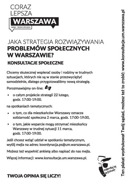 Czarno-biała grafika informująca o konsultacjach, tytuł: Jaka strategia rozwiązywania problemów społecznych w Warszawie? Wszystkie informacje w tekście i pod podanym w tekście linkiem.